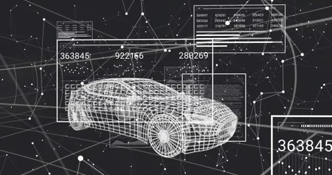 3D wireframe car rotating over translucent UI panels revealing network nodes Stock Footage 309283407