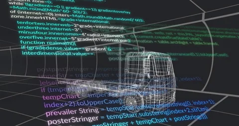 3D wireframe cargo truck floating above perspective grid, displaying code Stock Footage 307453108