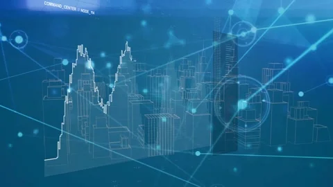 3D wireframe city and stepped waveform responding to pulsing nodes, visualizing Stock Footage 333803504