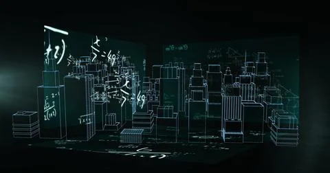 3D wireframe city model floating in virtual simulation, with translucent planes Stock Photos