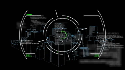 3D wireframe city model scanning beneath rotating HUD reticle, featuring Stock Footage 308206881