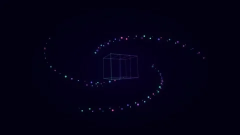 3D wireframe cube rotating with swirling colorful particles Stock Footage 335862704