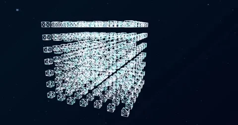 3D wireframe cubes matrix grid floating in space against a dark starry back.. Vídeo Stock 343506417