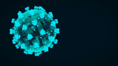 3D wireframe of a cyan-colored single coronavirus particle on a dark background Stock Footage 128822179