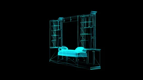3D Wireframe Design of Modern Bedroom Furniture with Shelves and Bed 動画素材 344725126