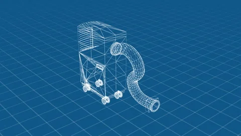 3D Wireframe Design of Modern Industrial Vacuum with Hose on Grid Background Stock Footage 344661533