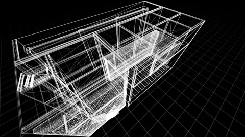 3D Wireframe Design of Modern Modular Kitchen with Grids and Lines Stock Footage 344726201