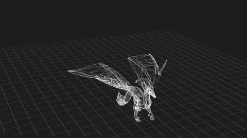 3D Wireframe Dragon Model on Grid in Black and White Digital Artwork Display Vidéo 343591134