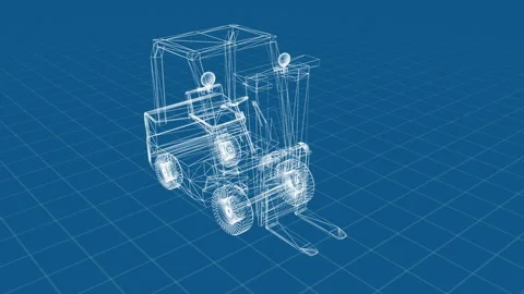 3D Wireframe of a Forklift Design Blueprint in Technical Style on Grid Stock Footage 344658964