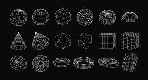 3d wireframe geometric shapes, perspective grid figures, tech mesh vector s.. Stockillustratie