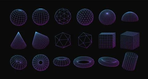 3d wireframe geometric shapes, perspective grid figures, tech mesh purple g.. イラスト素材