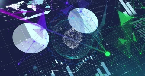 3D wireframe globe being visualized in data dashboard, with pie charts and data Video stock 307453894