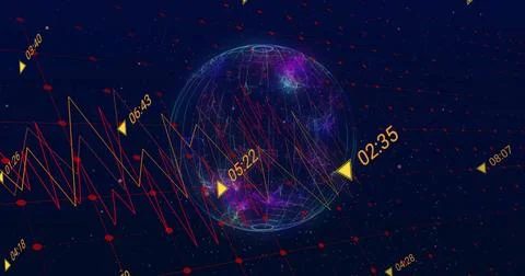 3D wireframe globe rotating in virtual analytics space, with red plot line and Fotos de archivo