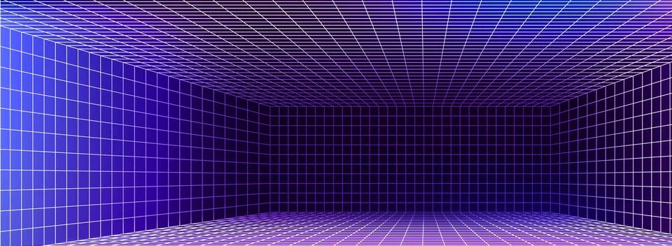 3D wireframe grid room with perspective lines Stock Illustration