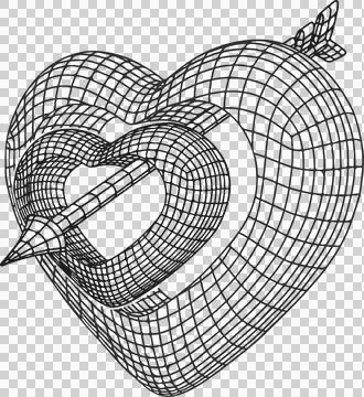 3D wireframe heart model is featuring inner heart cutout with pierced arrow on Stock Illustration