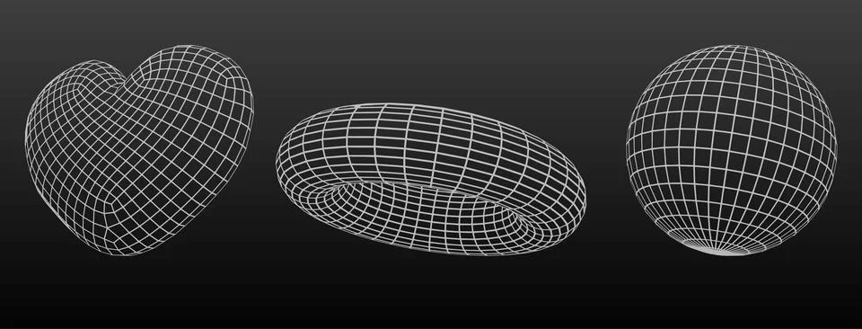 3d wireframe heart shape, geometric mesh sphere Stock Illustration
