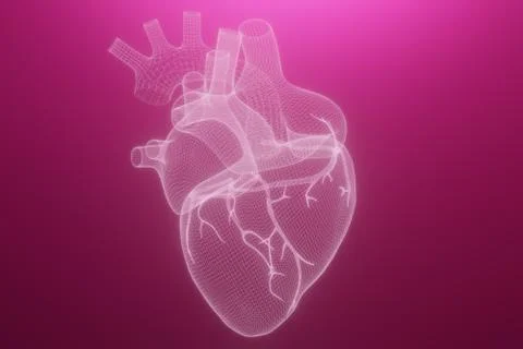 3D wireframe hearts render isolated white backgrounds, Abstract Heart icon fo Stock Illustration