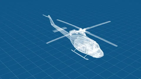 3D Wireframe Helicopter Model on Blue Grid Background Stock Footage 344711319