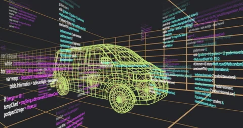 3D wireframe igniting yellow van revealing while magenta and cyan code Stock Footage 311677625