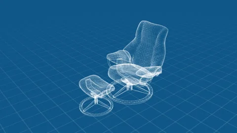 3D Wireframe Mesh Chair and Ottoman on a Grid Background Visualization Stock Footage 344530774