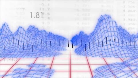 3D wireframe mesh mountains rising over red wire grid, displaying numeric data Stock Footage 309112078