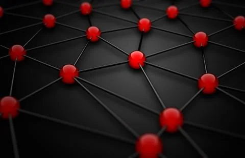 3D wireframe mesh with red connection points on black background 스톡 일러스트
