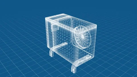 3D Wireframe Model of an Air Conditioning Unit on a Grid Background Stock Footage 344663127