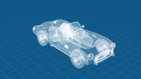 3D Wireframe Model of Classic Car on Blue Grid Background Stock Footage 344733104