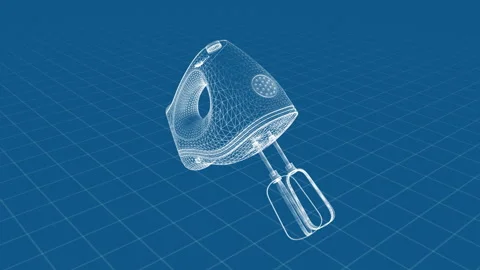 3D Wireframe Model of Electric Hand Mixer on Blue Grid Background Stock Footage 344658959