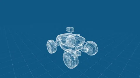 3D Wireframe Model of a Futuristic Vehicle on a Blue Grid Background Stock Footage 342004704