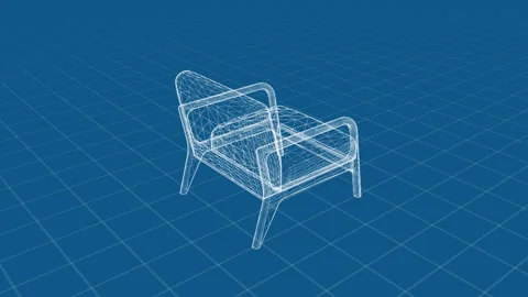 3D Wireframe Model of Modern Chair on Geometric Grid Background Stock Footage 344399607