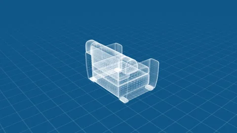3D Wireframe Model of Modern Sofa on Blue Gridded Background and Digital Desi Stock Footage 344530056