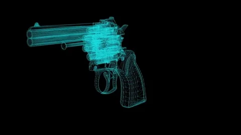 3D Wireframe Model of Revolver Gun with Blue Grid Lines Stock Footage 306103997