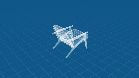 3D Wireframe of Modern Chair Design in a Digital Blue Grid Environment Stock Footage 344528916