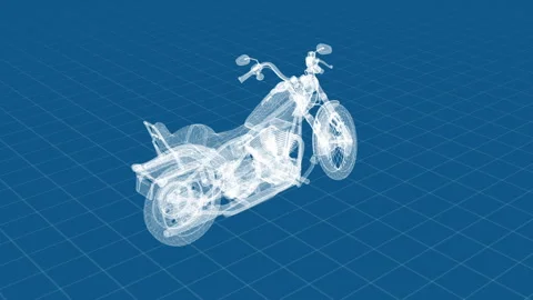 3D Wireframe Motorcycle Design on Grid Background for Technical Visualization Stock Footage 344709976