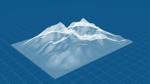 3D Wireframe Mountain Visualization in Blue Digital Grid Landscape Stock Footage 344733077