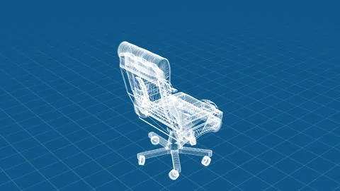 3D Wireframe Office Chair Design on Blue Grid Background with Detailed Stru.. Stock Footage 344724793