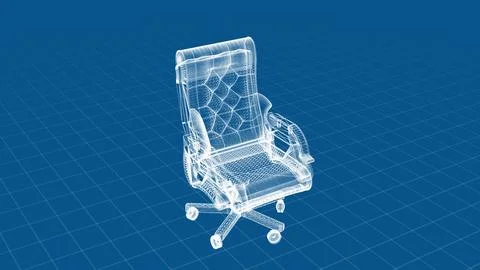 3D Wireframe Office Chair Design on a Blue Grid Background 스톡 일러스트