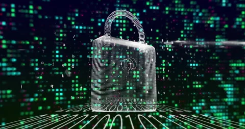 3D wireframe padlock floating above receding binary grid, glowing pixel squares Stock Footage 307857163