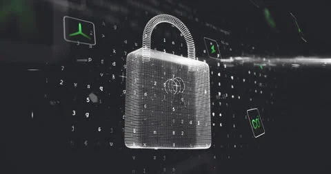 3D wireframe padlock floating in dark digital void, showing data code with green Stock Footage 307453172