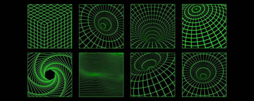 3D wireframe posters with geometric shapes and grids in trendy retro cyberpun Stock Illustration