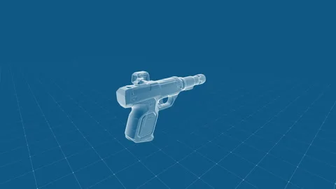 3D Wireframe Rendering of Futuristic Handgun on Blue Grid Background Stock Footage 342291979
