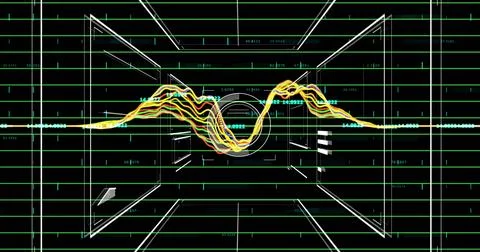 3D wireframe ring emitting colorful waveform in virtual simulation, with grid Illustrazione stock