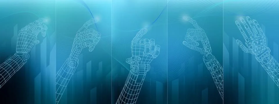 3D wireframe of robotic hand models on a modern digital background Stock Illustration
