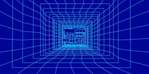 3D wireframe room on blue background. Abstract perspective grid. Vector ill.. Illustrazione stock
