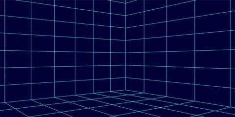 3D wireframe room mesh on blue background. Abstract perspective grid. Vecto.. Stock Illustration