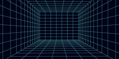 3D wireframe room mesh on blue background. Abstract perspective grid. Vecto.. Stock Illustration