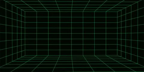 3D wireframe room mesh on green background. Abstract perspective grid. Vect.. Stock Illustration
