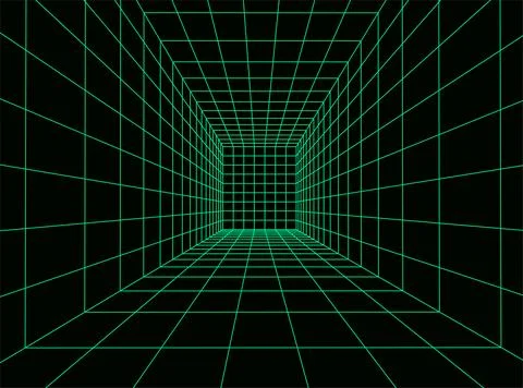 3D wireframe room mesh on green background. Abstract perspective grid. Stock Illustration