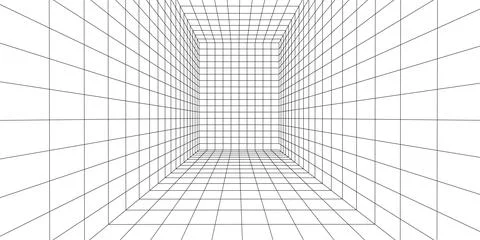 3D wireframe room white on blue background. Abstract perspective grid. Vect.. Stock Illustration